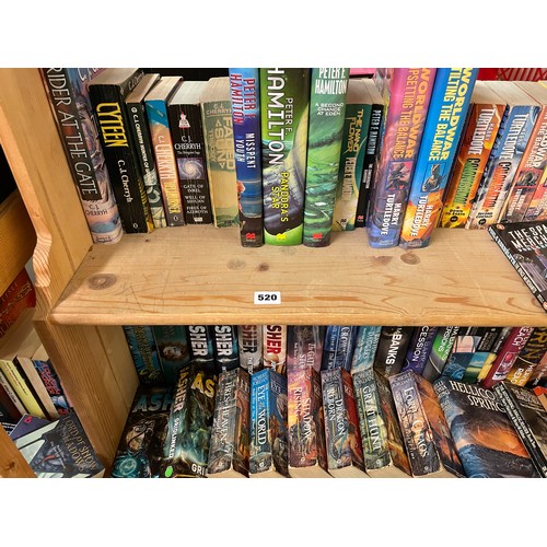 520 - THREE SHELVES OF HARDBACK AND MAINLY PAPERBACK SCIENCE FICTION AND FANTASY NOVELS INCLUDING HARRY TU... 