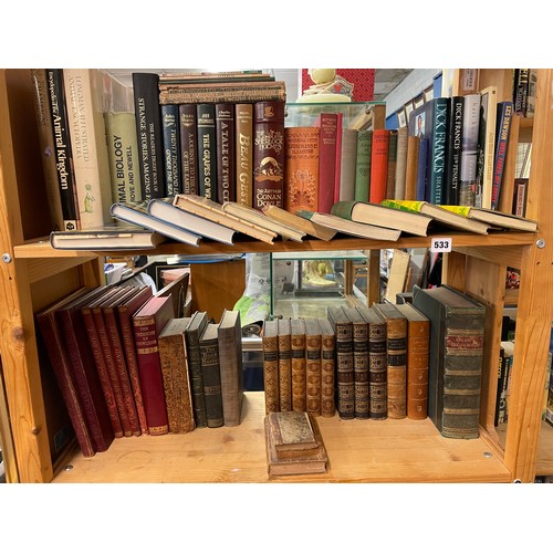 533 - TWO SHELVES OF LEATHER BOUND AND ANTIQUARIAN BOOKS AND OTHER NOVELS