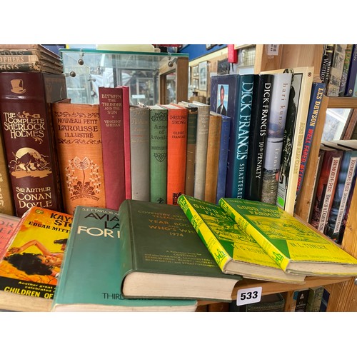 533 - TWO SHELVES OF LEATHER BOUND AND ANTIQUARIAN BOOKS AND OTHER NOVELS