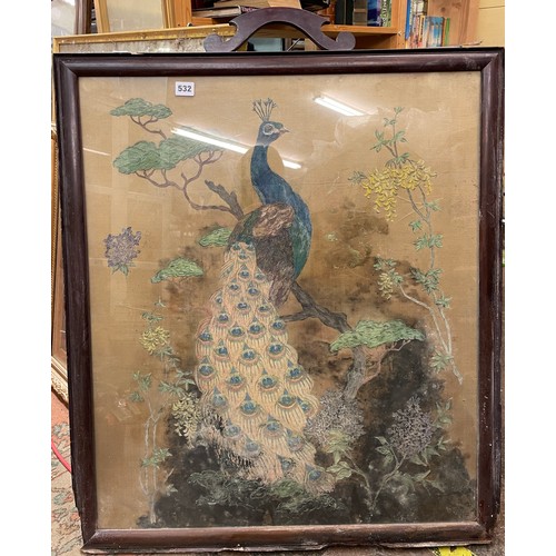 532 - PAINTED PANEL OF A PEACOCK FRAMED AND GLAZED