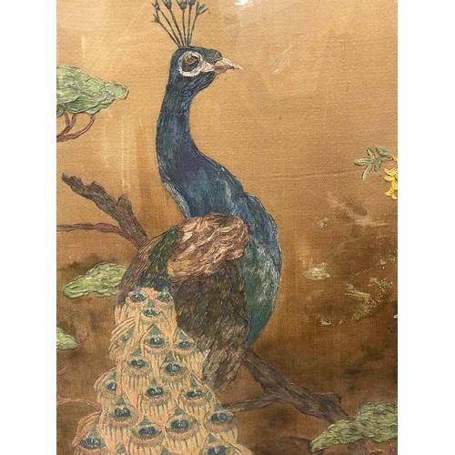 532 - PAINTED PANEL OF A PEACOCK FRAMED AND GLAZED