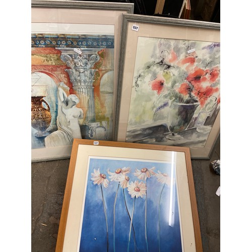 537 - WATERCOLOUR OF DAISIES AND TWO FLORAL PRINTS 58X58 AND 59X70CM APPROX