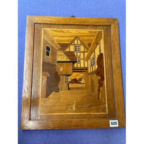 525 - MID 20TH CENTURY PARQUETRY PANEL DEPICTING TUDOR COURTYARD MONOGRAMED JSW DATED 1955