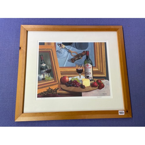 523 - ARTIST PROOF STILL LIFE OF BOTTLE OF WINE AND CHEESE BOARD BY PETER KOTKA SIGNED IN PENCIL FRAMED AN... 