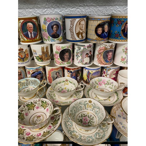 548 - SHELF OF MAINLY AYNSLEY AND PARAGON ROYAL COMMEMORATIVE MUGS AND TEACUPS