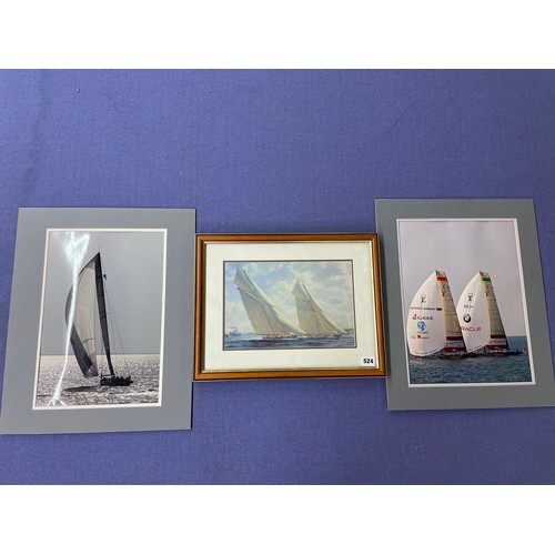 524 - PRINT OF RACING YACHTS AND TWO UNFRAMED PHOTOGRAPHS OF RACING YACHTS