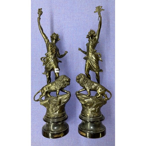 505 - PAIR OF SPELTER FIGURES ENTITLED LE FORCE AND LE POUVOIR BOTH ON WOODEN SOCLES 70CM AND 74CM HIGH