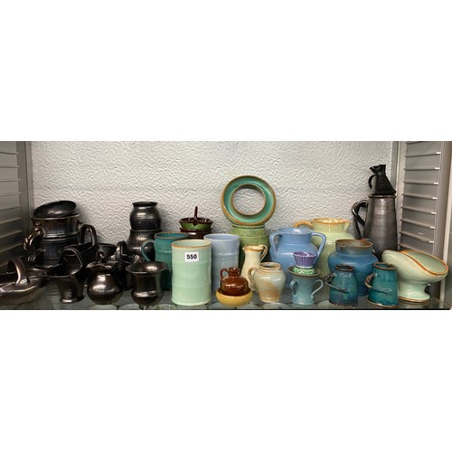 550 - SHELF OF DICKER WARE POTTERY INC. TYG, BAMBOO MUGS, VASES AND BASKETS