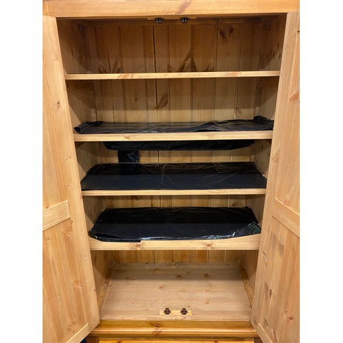 12 - PINE WARDOBE ENCLOSING SHELVES WITH SINGLE DRAWER BASE