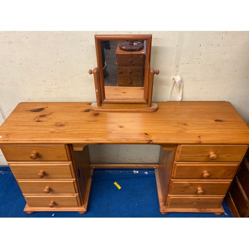 14 - PINE KNEEHOLE DRESSING TABLE WITH TRIPLE MIRROR