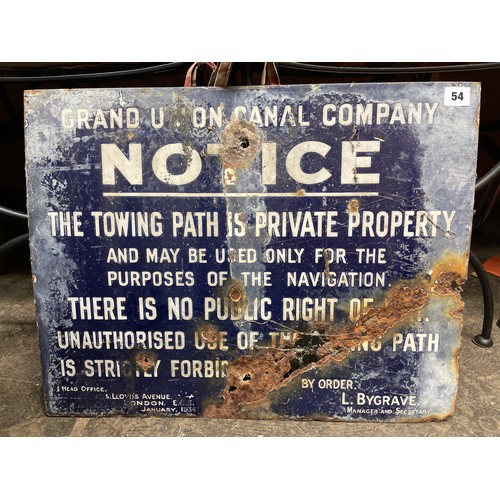 54 - VINTAGE ENAMEL GRAND UNION CANAL CO TOWPATH NOTICE