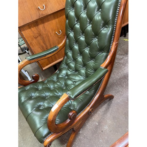 136 - VICTORIAN STYLE GREEN BUTTON BACK LEATHER SLIPPER CHAIR