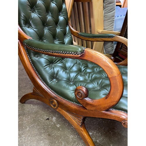 136 - VICTORIAN STYLE GREEN BUTTON BACK LEATHER SLIPPER CHAIR