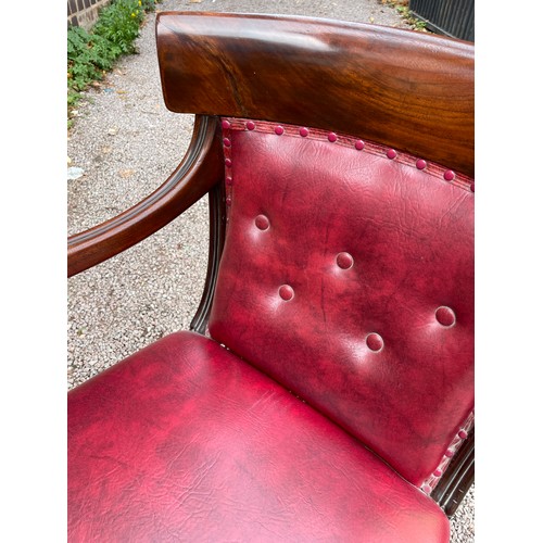 127 - REGENCY PERIOD REUPHOLSTERED FLAME MAHOGANY BAR BACK LIBRARY ELBOW CHAIR  WITH REEDED DOWN SWEPT ARM... 