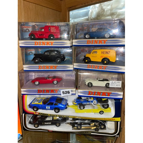 526 - SIX BOXED DINKY DIE CAST MODEL VEHICLES, AND TWO CORGI GIFT SET NUMBER 29, AND LOTUS ELITE F1