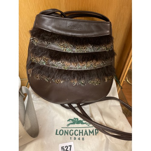 527 - LONGCHAMP BROWN LEATHER AND FUR TRIMMED CROSS BODY BAG