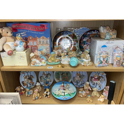 517 - TWO SHELVES OF CHERISHED TEDDIES AND WALL PLAQUES