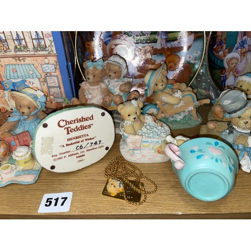 517 - TWO SHELVES OF CHERISHED TEDDIES AND WALL PLAQUES