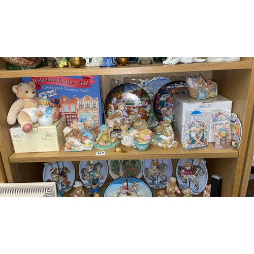 517 - TWO SHELVES OF CHERISHED TEDDIES AND WALL PLAQUES