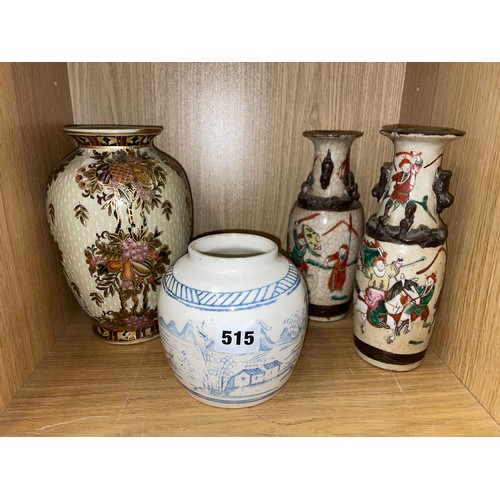 515 - PAIR OF CHINESE CRACKLE GLAZE BALUSTER VASES DECORATED WITH WARRIORS, SATSUMA VASE, AND TEMPLE JAR