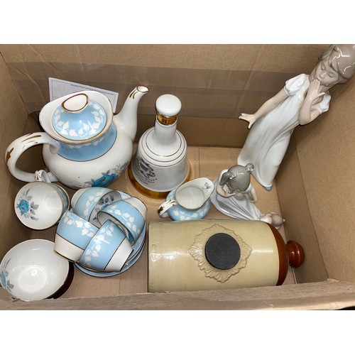 483 - CARTON CONTAINING TWO NAO FIGURE GROUPS, HAMILTON COFFEE SERVICE, HOT WATER BOTTLE AND A WADE WHISKE... 