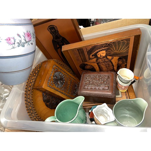 482 - CARTON CONTAINING TREEN PICTURE PANEL CIGARETTE BOX, CHIP CARVED SHALLOW DISH AND BOX, ONE OTHER, RO... 