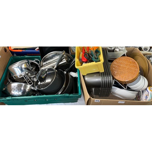 479 - CRATE OF VARIOUS SAUCEPANS, STAINLESS STEEL FLATS, CROC POT, CONDIMENTS AND TUP OF CUTLERY