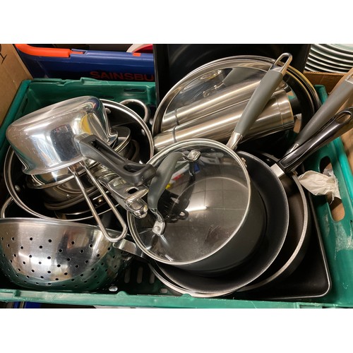 479 - CRATE OF VARIOUS SAUCEPANS, STAINLESS STEEL FLATS, CROC POT, CONDIMENTS AND TUP OF CUTLERY