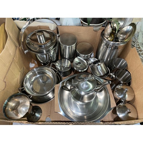 478 - CARTON CONTAINING STAINLESS STEEL ICE PAIL AND COVER, BALTI DISHES, STORAGE CANISTERS AND TEAPOT