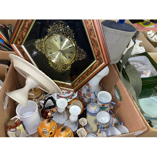 472 - JAPANESE EGGSHELL TEA SET, GLASS VASE, CERAMIC DOG FIGURES AND A CASED QUARTZ WALL HANGING CLOCK