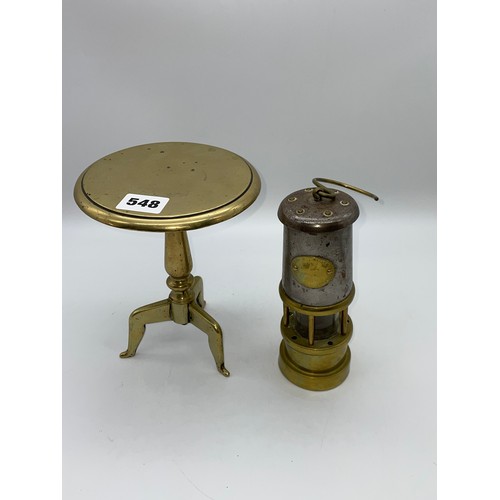 548 - MANX LEGGED BRASS TRIPOD TRIVET AND MINIATURE MINERS SAFETY LAMP