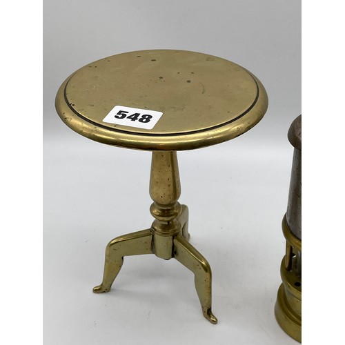 548 - MANX LEGGED BRASS TRIPOD TRIVET AND MINIATURE MINERS SAFETY LAMP