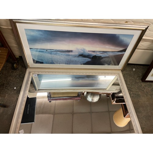 522 - CREAM AND GOLD MOULDED FRAMED MIRROR, BREAKING WAVE PHOTOGRAPH PRINT AND ONE OTHER