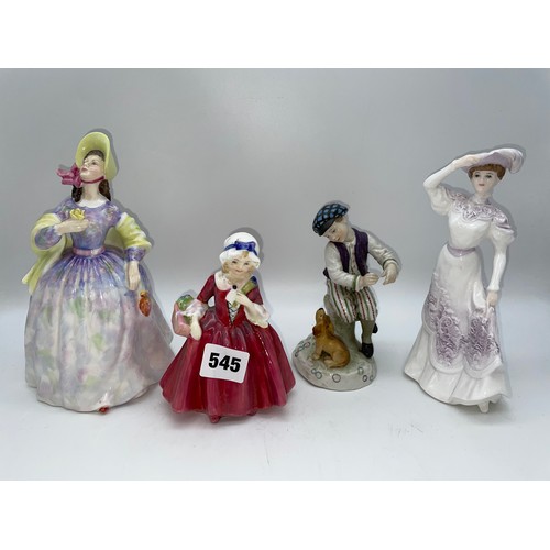 545 - ROYAL DOULTON LAVINIA, CLARE, COALPORT CHANTILLY LACE, AND A HOSCHT STYLE BOY WITH DOG FIGURE GROUPS