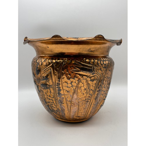 561 - COPPER REPOUSSE BEATEN PLANTER WITH CRIMPED BORDER