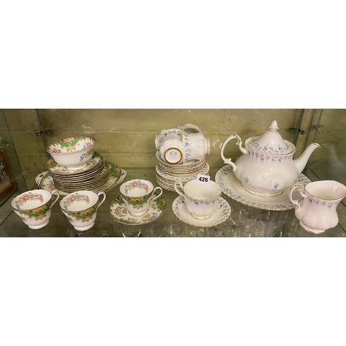 426 - ROYAL ALBERT MEMORY LANE AND SHELLEY SHERATON PATTERN TEACUPS, SAUCERS AND TEAPOT