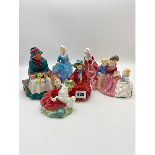 428 - SIX ROYAL DOULTON FIGURES INC. LINDA, A CHILD FROM WILLIAMSBURG, GOODIE TWO SHOES, THE BEDTIME STORY... 