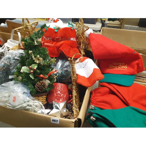 467 - CRATE OF CHRISTMAS DECORATIONS, GLITTERED CHRISTMAS TREES, BAUBLES AND NOVELTY HATS