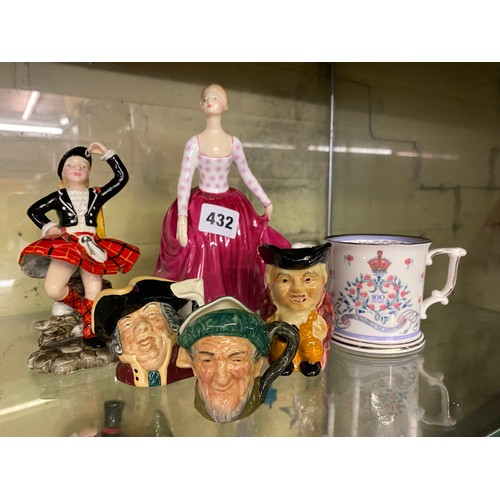 432 - ROYAL DOULTON FIONA FIGURE, CHARACTER JUGS INC. OLD MAC, TOWN CRIER, ARTONE HIGHLAND FLING FIGURE AN... 