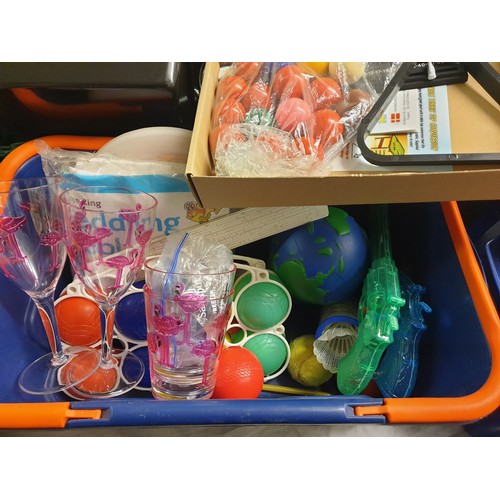 468 - THREE CRATES CONTAINING PYREX BOWLS, CANDLE LANTERN, TUPPERWARE AND SOME PLASTIC BOULES, ETC.