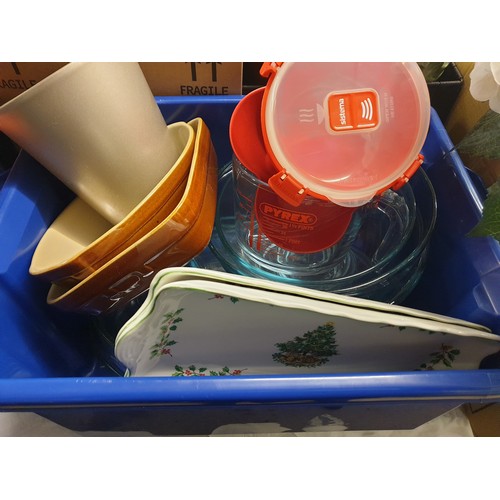 468 - THREE CRATES CONTAINING PYREX BOWLS, CANDLE LANTERN, TUPPERWARE AND SOME PLASTIC BOULES, ETC.