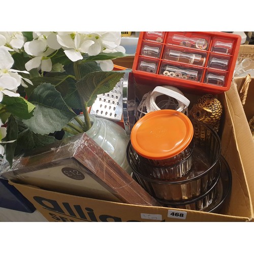 468 - THREE CRATES CONTAINING PYREX BOWLS, CANDLE LANTERN, TUPPERWARE AND SOME PLASTIC BOULES, ETC.