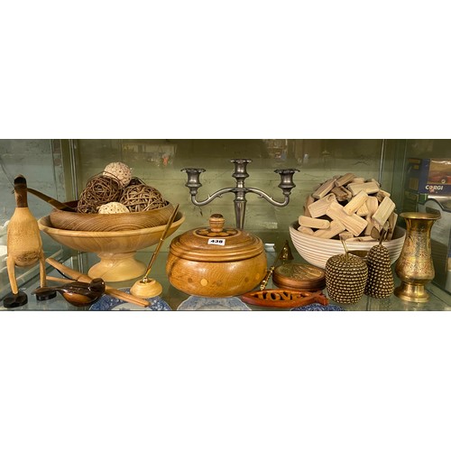 438 - SHELF OF MAINLY TREEN ITEMS INC. MARQUETRY BOWL AND COVER, TURN PEDESTAL BOWL, WICKER ORBS, CANDLE S... 