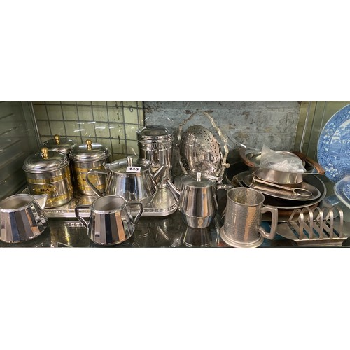 440 - SELECTION OF STAINLESS STEEL AND PEWTER METAL WARES INC. TEA SERVICE ON TRAY, STORAGE CANISTERS AND ... 