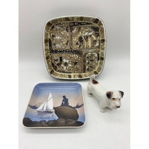 442 - ROYAL COPENHAGEN TERRIER DOG FIGURE, 719/2883 ABSTRACT FISH DISH AND A BING AND GRONDHAL MERMAID PIN... 