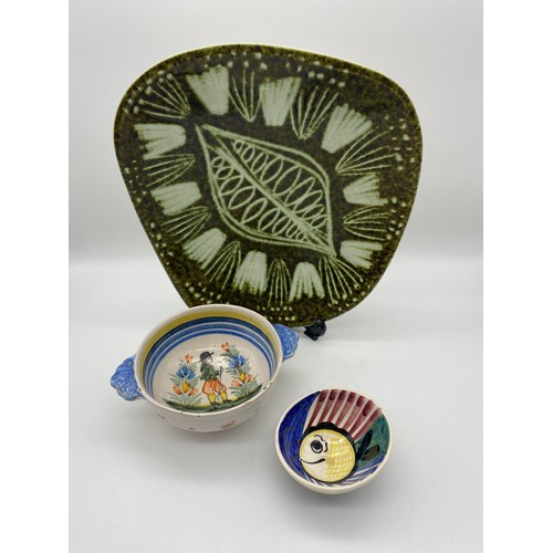 443 - NORWEGIAN STAVANGERFLINT POTTERY FISH BOWL, QUIMPER LUG BOWL AND A BROADSTAIRS POTTERY OLIVE GREEN D... 