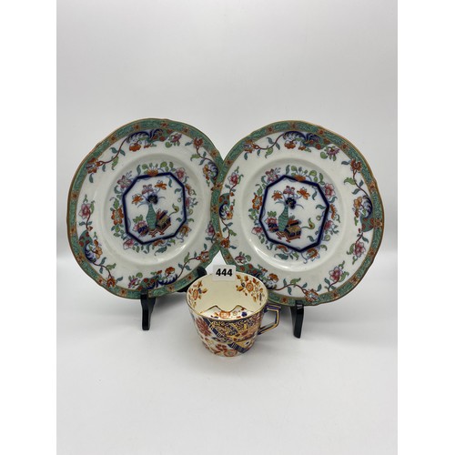 444 - PAIR OF F. MORLEY CHINOISERIE PLATES AND 19TH CENTURY MOUSTACHE CUP