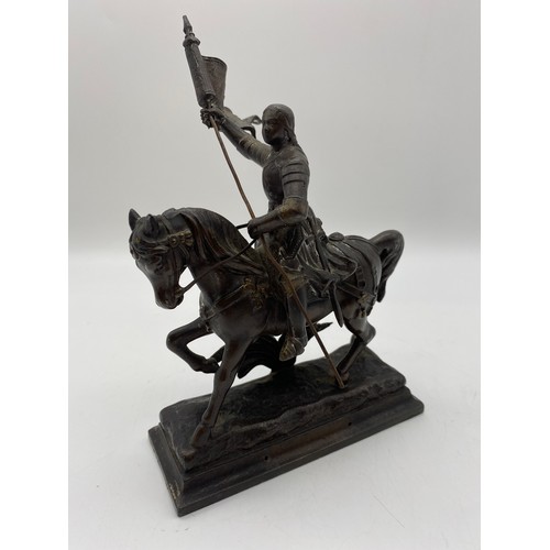 563 - BRONZE PATINATED SPELTER FIGURE OF JOAN OF ARC ON HORSE BACK AFTER THE ORIGINAL BY ALFRED BARYE