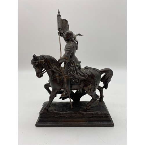 563 - BRONZE PATINATED SPELTER FIGURE OF JOAN OF ARC ON HORSE BACK AFTER THE ORIGINAL BY ALFRED BARYE