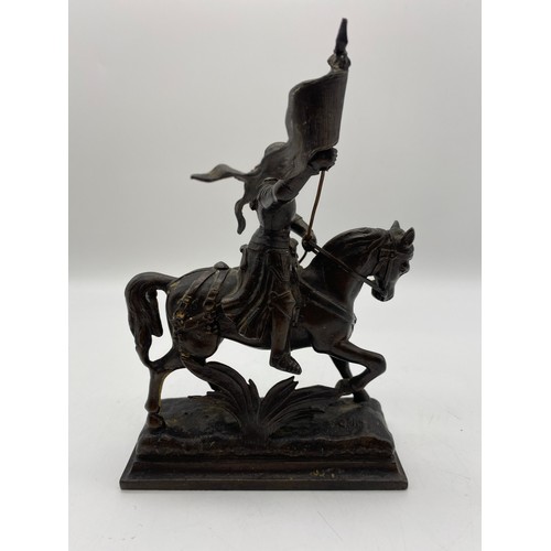 563 - BRONZE PATINATED SPELTER FIGURE OF JOAN OF ARC ON HORSE BACK AFTER THE ORIGINAL BY ALFRED BARYE